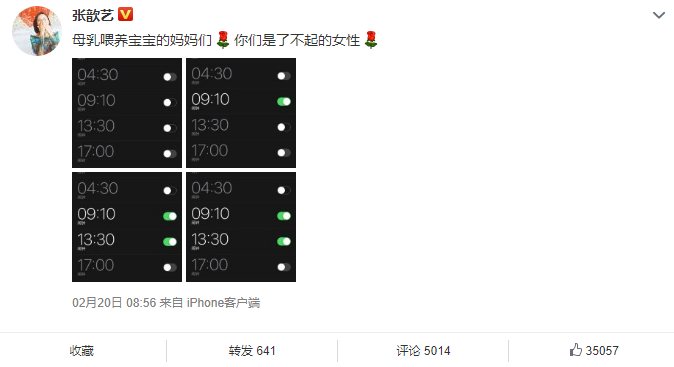 张歆艺每日泵奶闹钟图 宝宝喂养时间表